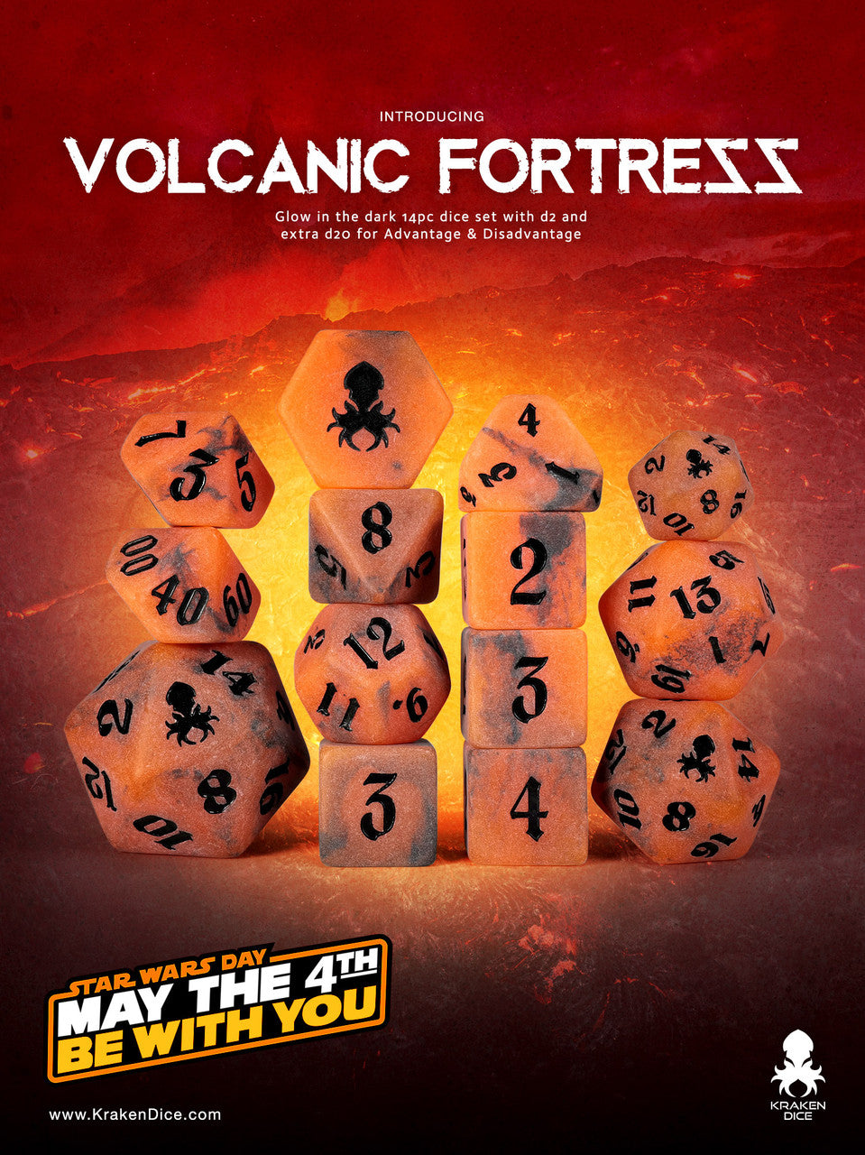 Volcanic Fortress Glow in the Dark 14pc Dice Set inked in Black